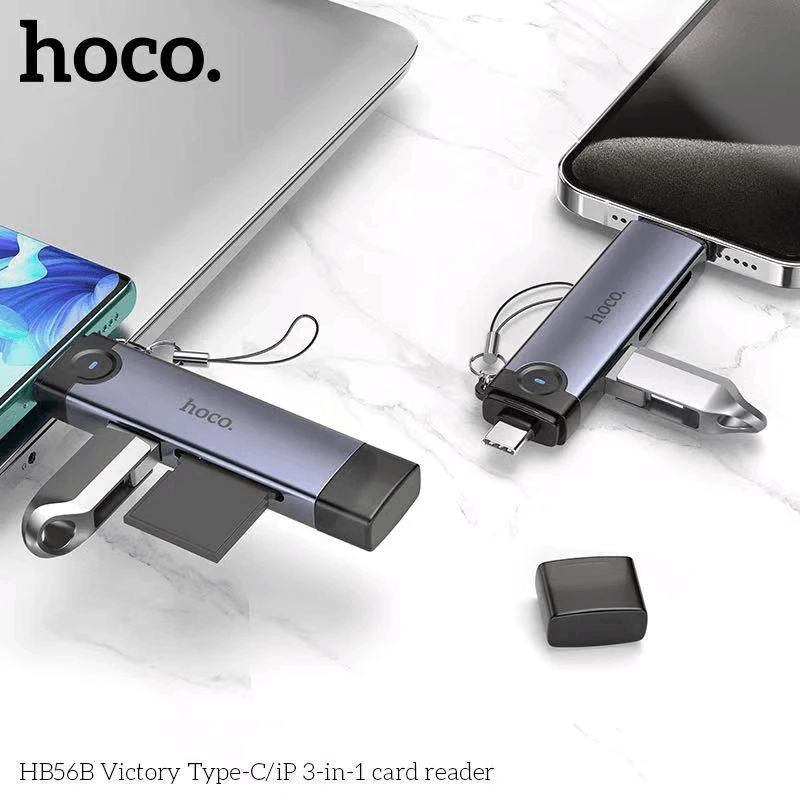 การ์ดรีดเดอร์ 3IN1 HOCO HB56B TYPE-C + IOS LIGHTNING อ่าน SD CARD, MICRO SD CARD, USB FLASH DRIVE รองรับ OTG ความเร็วสูง 5GBPS